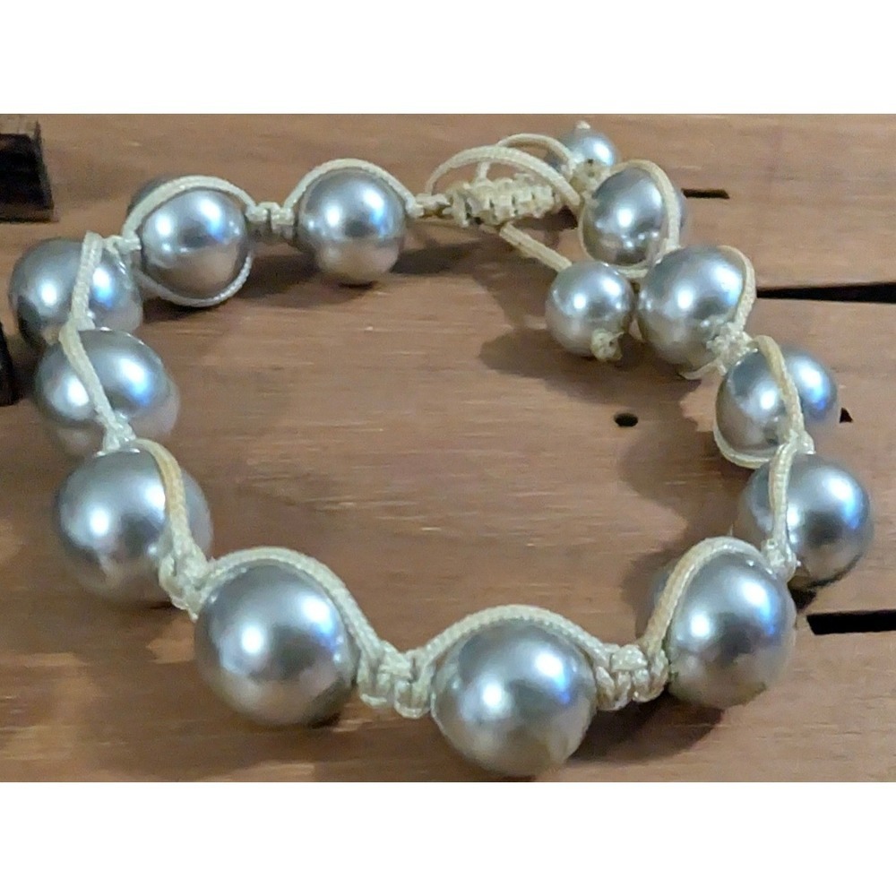 Handmade Macrame Faux Pearl Bracelet Women OS Silver Cream Chunky Beaded Jewelry
